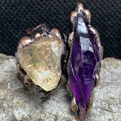 Raw Amethyst Green Crystal Ring | Adjustable Copper Electroformed Jewelry