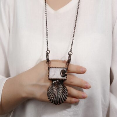 White Quartz Seashell Pendant Necklace with Moon Accent · Antique Copper Long Chain