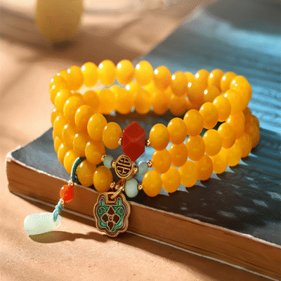 6mm Amber Multi-Layer Bracelet with Carnelian & Jade Charms – Triple Wrap Natural Gemstone Mala