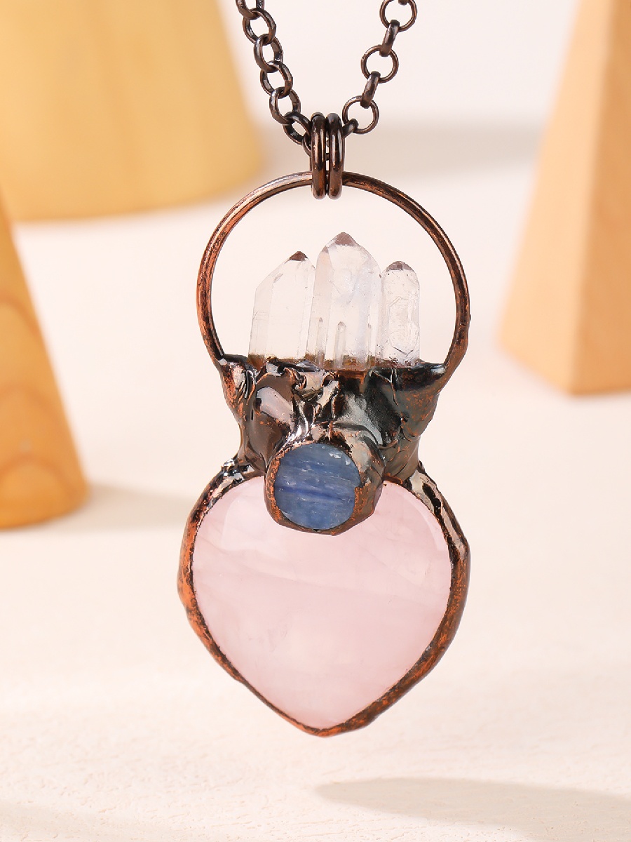 Rose Quartz Heart Necklace with Clear Quartz & Kyanite · Raw Crystal Pendant | ArvnDao - Image 3