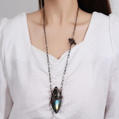 Labradorite Moon and Star Pendant | Copper Electroformed Crystal Necklace