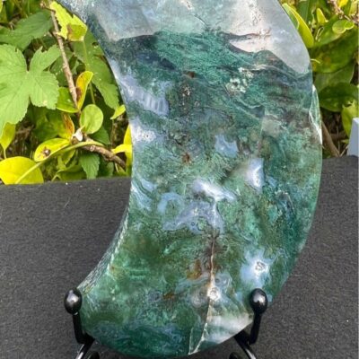 Moss Agate Crescent Moon Crystal Sculpture for Home Décor & Growth Energy