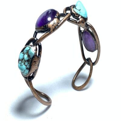 Amethyst & Turquoise Twisted Copper Cuff · Adjustable Raw Stone Bracelet