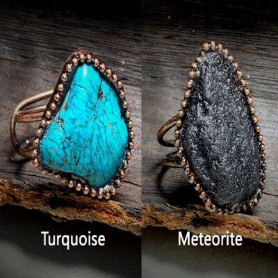 Natural Turquoise & Black Meteorite Raw Open Adjustable Ring