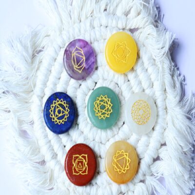 7-Chakra Healing Crystal Set – Natural Engraved Palm Stones (25mm) | Reiki Energy Balancing Stones with Velvet Pouch