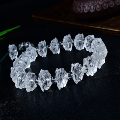 Natural Clear Quartz Lotus Carved Mala Beads — 18 Beads Handheld Buddhist Prayer Necklace