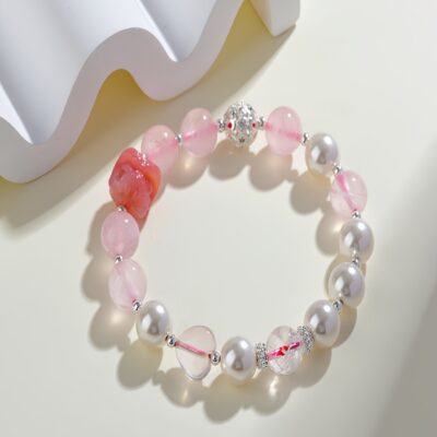 Pisces Zodiac Crystal Bracelet with Rose Quartz & Shell Pearls for Love Energy