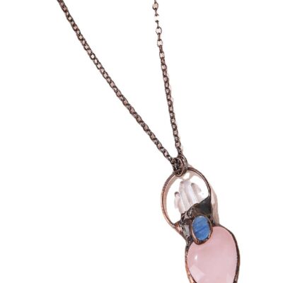 Rose Quartz Heart Necklace with Clear Quartz & Kyanite · Raw Crystal Pendant | ArvnDao