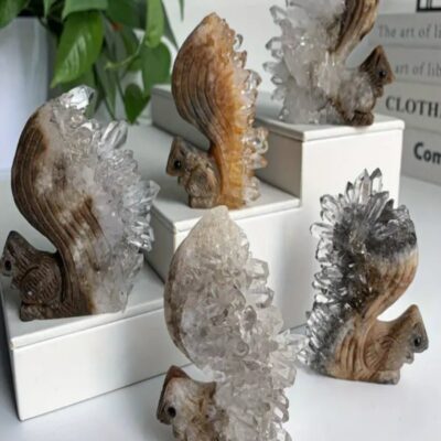 ArvnDao Natural Crystal Squirrel Carving with Flower Quartz Cluster