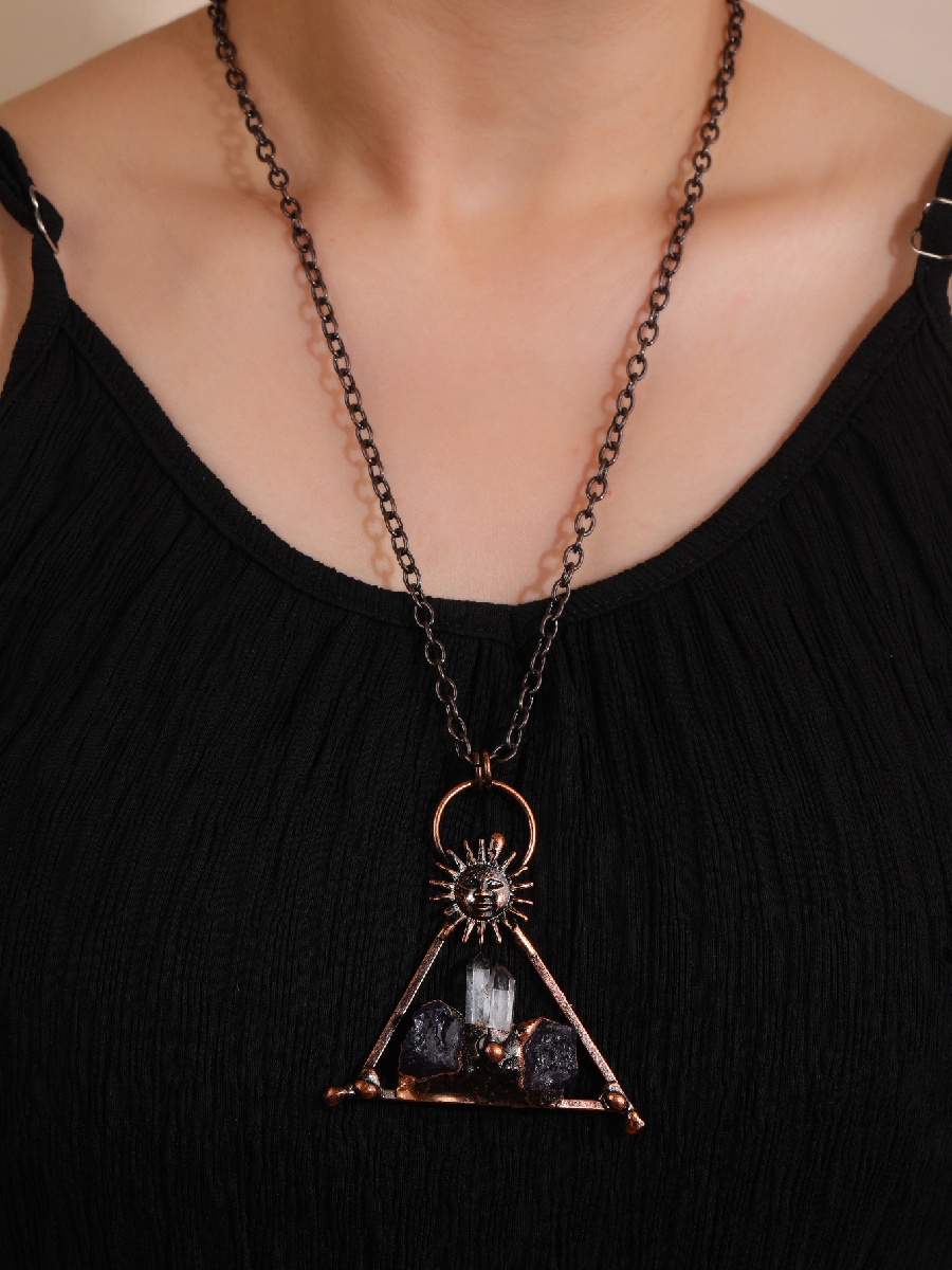 Raw Amethyst Triangle Pendant Necklace | Sun Emblem Copper Crystal Necklace · ArvnDao - Image 2