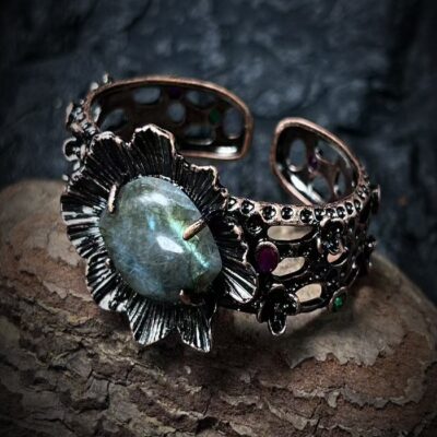 Raw Labradorite Crystal Cuff Bracelet | Adjustable Antique Copper Floral Design