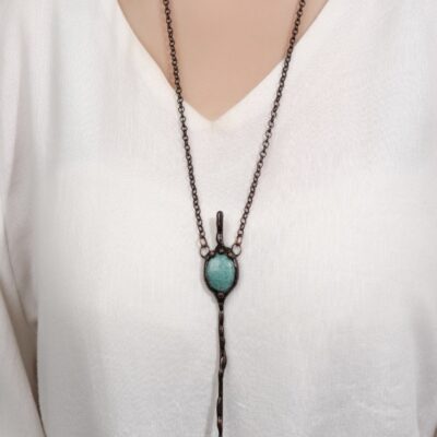 Amazonite & Rose Quartz Wand Pendant Necklace | Handmade Vintage Copper Design