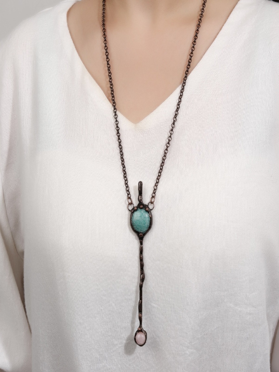 Amazonite & Rose Quartz Wand Pendant Necklace | Handmade Vintage Copper Design - Image 2