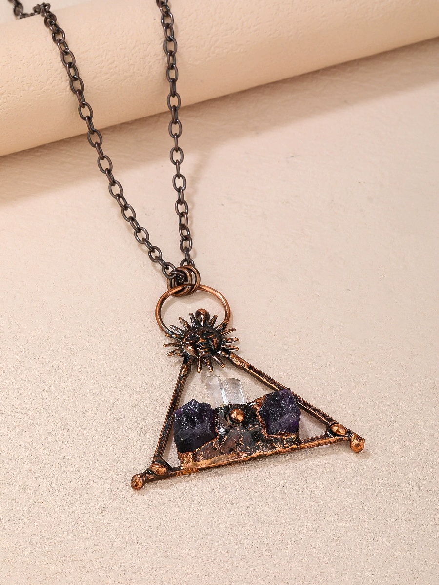 Raw Amethyst Triangle Pendant Necklace | Sun Emblem Copper Crystal Necklace · ArvnDao - Image 3