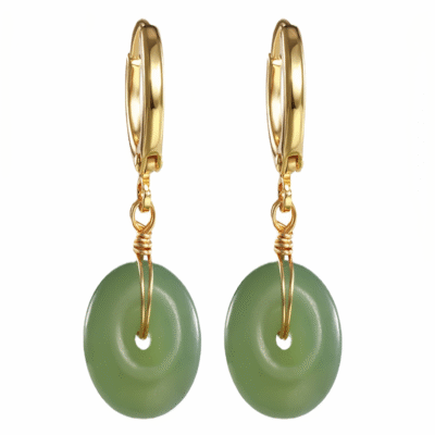 Natural Hetian Jade Donut Earrings 10mm – Gold Hoop Dangle Jade Earrings