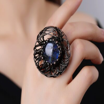 Labradorite Bird-Nest Ring · Handmade Adjustable Bronze Ring