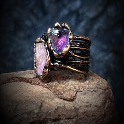 Raw Amethyst & Pink Stone Adjustable Ring | Antique Copper Open Band Crystal Ring · ArvnDao