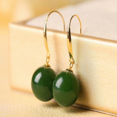 Natural Green Jade Jewelry Set 9.5mm – 18K Gold Earrings & Pendant Necklace