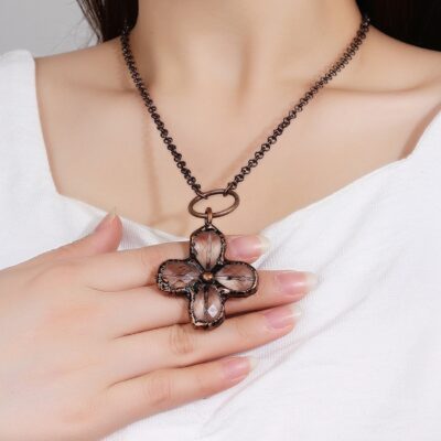 Clear Crystal Four Leaf Clover Necklace | Vintage Copper Lucky Pendant