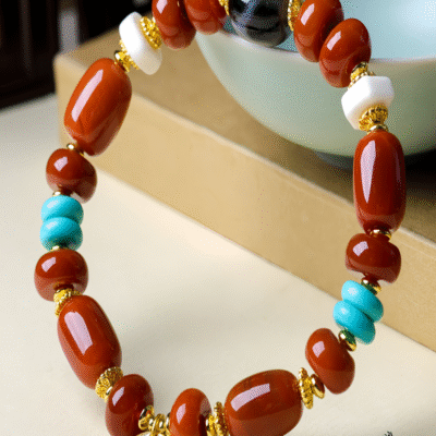 South Red Agate Bracelet with Dzi Bead & Turquoise – Protection & Prosperity