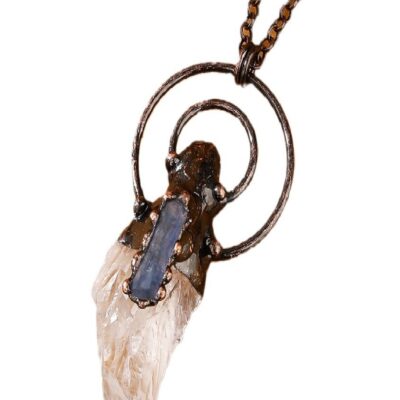 Green Quartz Pendant with Blue Kyanite · Raw Crystal Copper Necklace