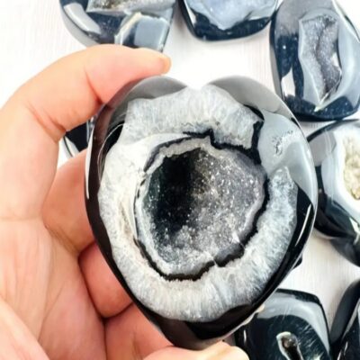 Black Agate Heart Geode Crystal for Protection & Home Décor
