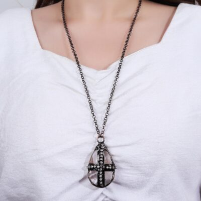 Crystal Teardrop Pendant Necklace · Vintage Copper & Rhinestone Design