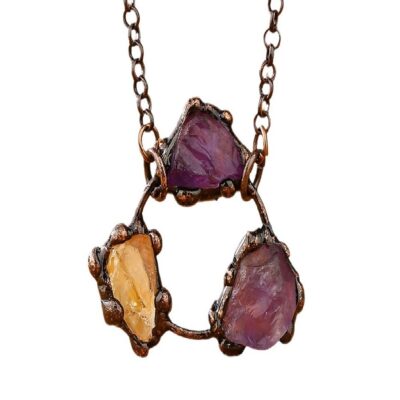 Amethyst & Citrine Raw Crystal Necklace · Handmade Copper Pendant