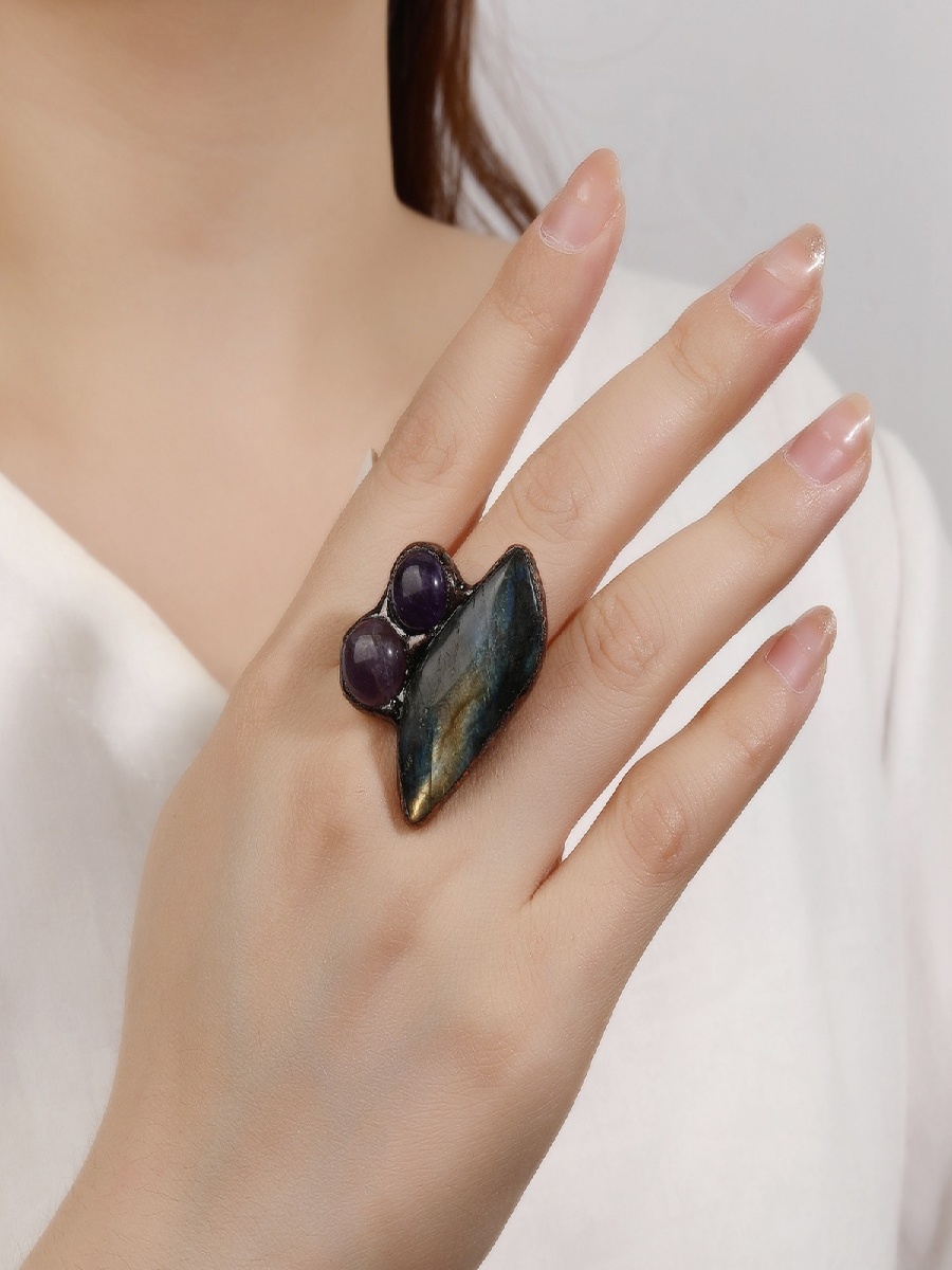 Labradorite & Amethyst Adjustable Ring | Raw Crystal Duo Open Bronze Ring - Image 4