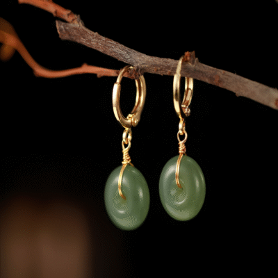 Natural Hetian Jade Donut Earrings 10mm – Gold Hoop Dangle Jade Earrings
