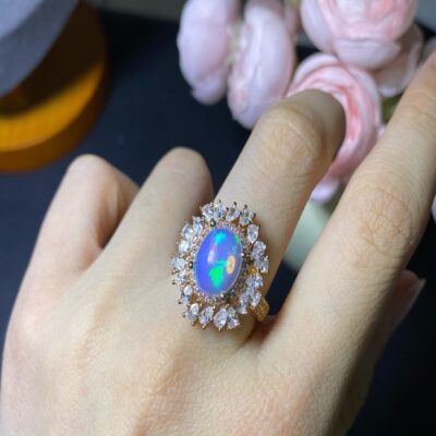 Natural Opal Ring in S925 Sterling Silver with Fire Rainbow Play-of-Color | Adjustable Design