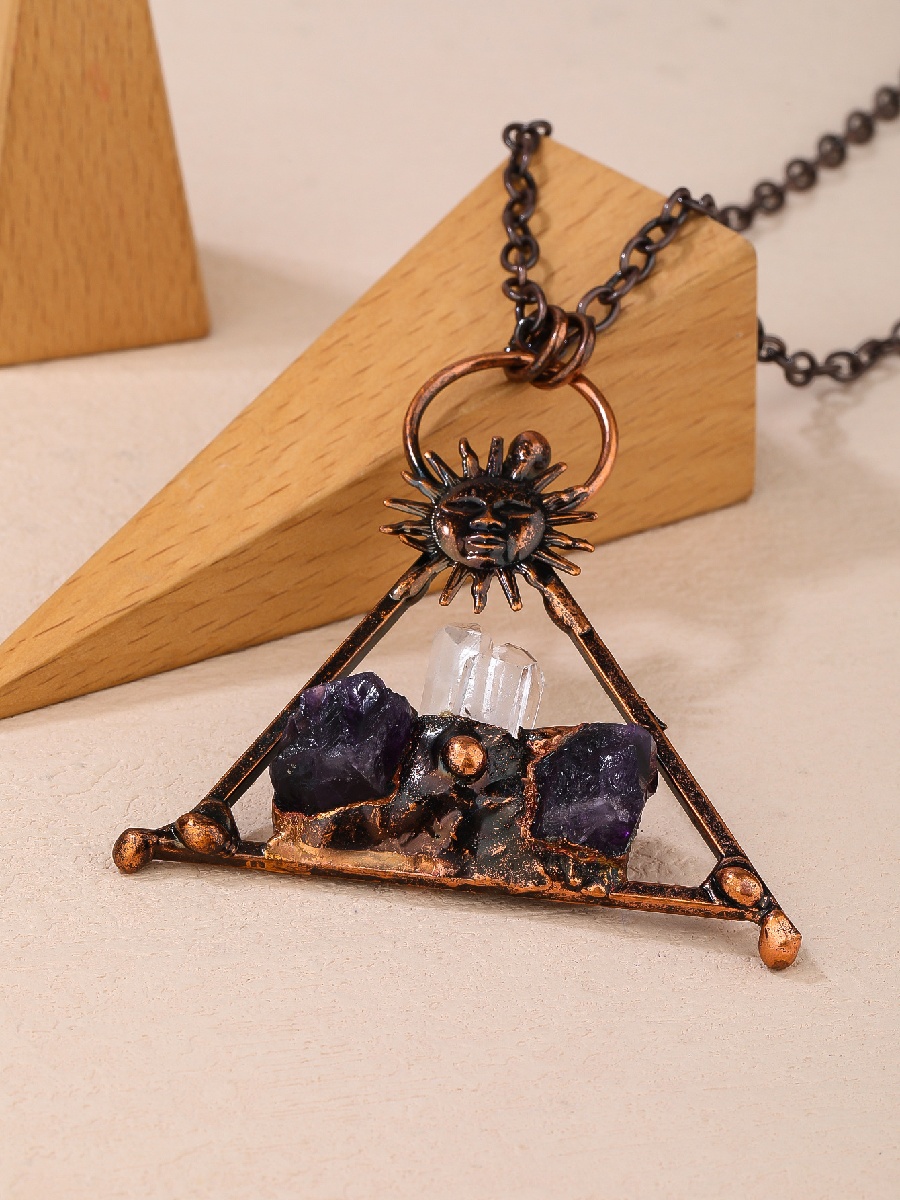 Raw Amethyst Triangle Pendant Necklace | Sun Emblem Copper Crystal Necklace · ArvnDao - Image 4