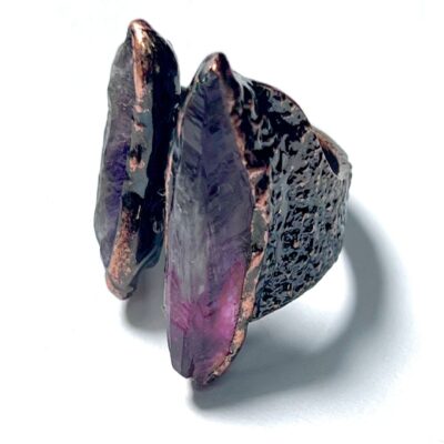 Raw Amethyst Grit-Texture Ring · Antique Copper Band · Natural Purple Crystal Stone