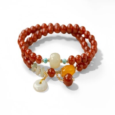 Natural Red Agate Double-Layer Bracelet with Jade Charm & Carnelian Beads for Protection