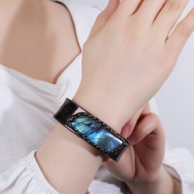 Labradorite Cuff Bracelet | Natural Stone Open Adjustable Copper Bangle