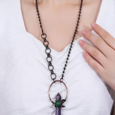 Moon Crescent Crystal Point Pendant Necklace · Amethyst / Clear Quartz with Green Aventurine or Amethyst Inlay