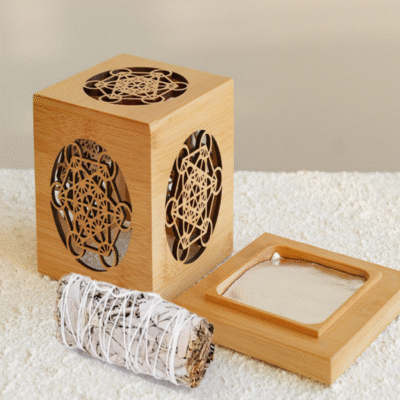 Crystal Cleansing & Smudging Box Set | Wooden Energy Purification Kit with Sage, Palo Santo & Abalone Shell