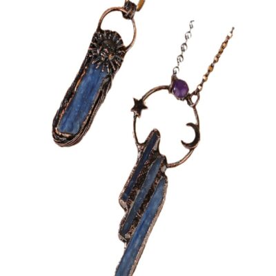 Raw Kyanite Celestial Pendant Necklace · Sun Moon Star Design