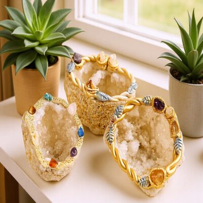 Moroccan Agate Geode Crystal Bowl with Clear Quartz Clusters for Cleansing & Décor