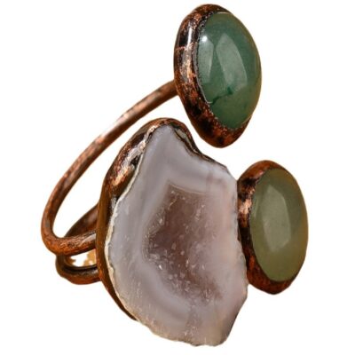 Agate Geode & Green Aventurine Adjustable Ring | Raw Crystal Open Ring