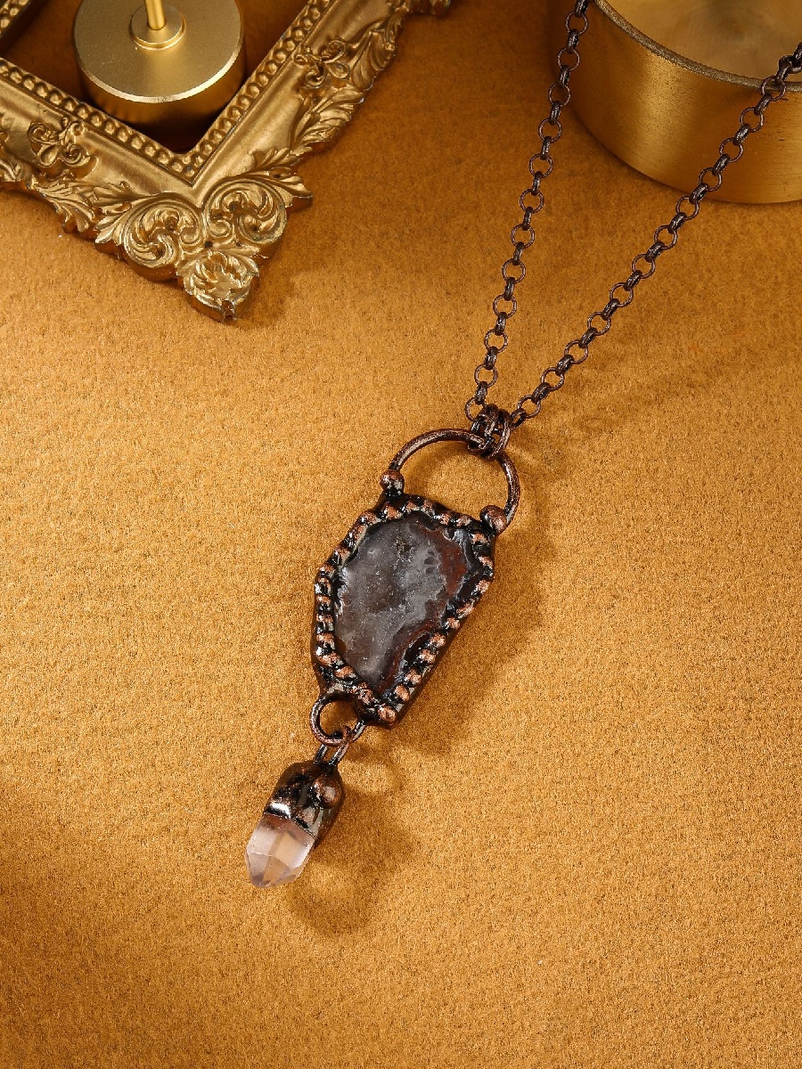 Agate Geode Pendant Necklace with Clear Quartz Point · Raw Crystal Jewelry - Image 5