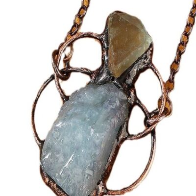 Raw Aquamarine and Green Fluorite Pendant Necklace · Geometric Copper Handmade Design