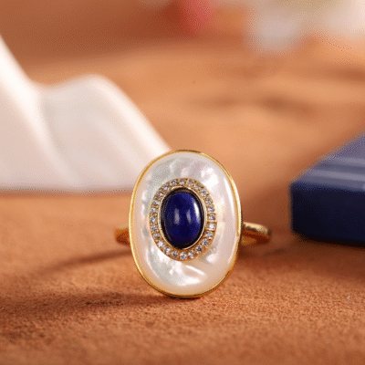 White Shell & Lapis Lazuli Adjustable Ring – Gold-Plated Micro-Pave Zircon Setting