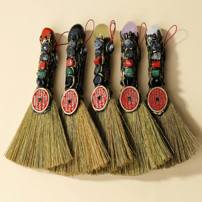 Five-Element Feng Shui Crystal Broom Charm | ArvnDao Protection Talisman with Natural Stones & Lucky Coins