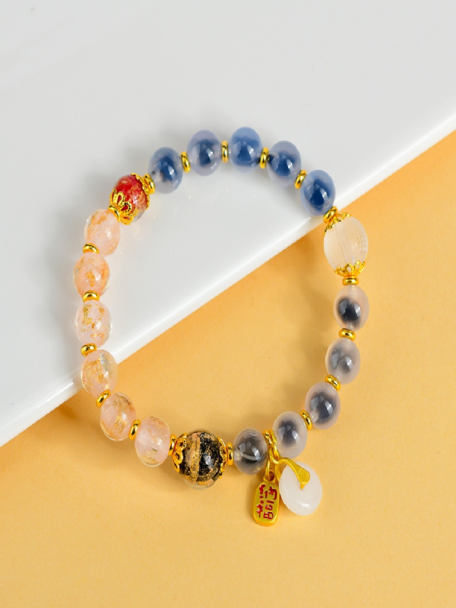 Agate Bracelet with Gold Foil Glass & Clear Quartz Heart Sutra Charm for Protection & Luck - Image 3