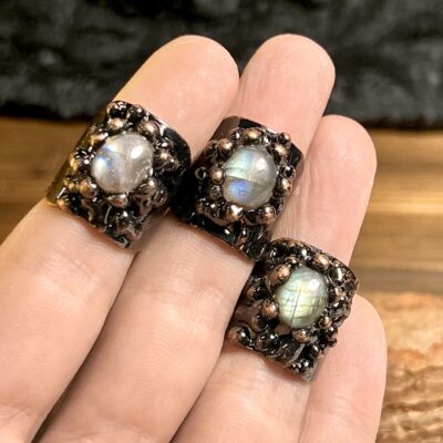 Raw Labradorite Wide Band Ring | Adjustable Antique Bronze Flash Stone Ring