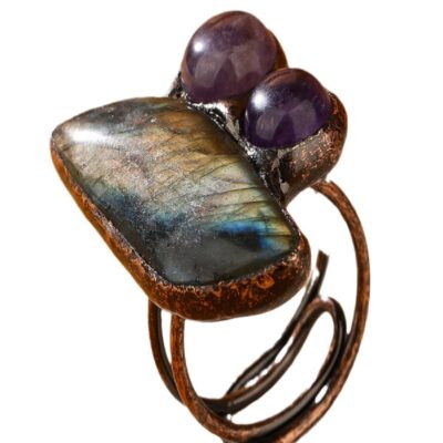 Labradorite & Amethyst Adjustable Ring | Raw Crystal Duo Open Bronze Ring