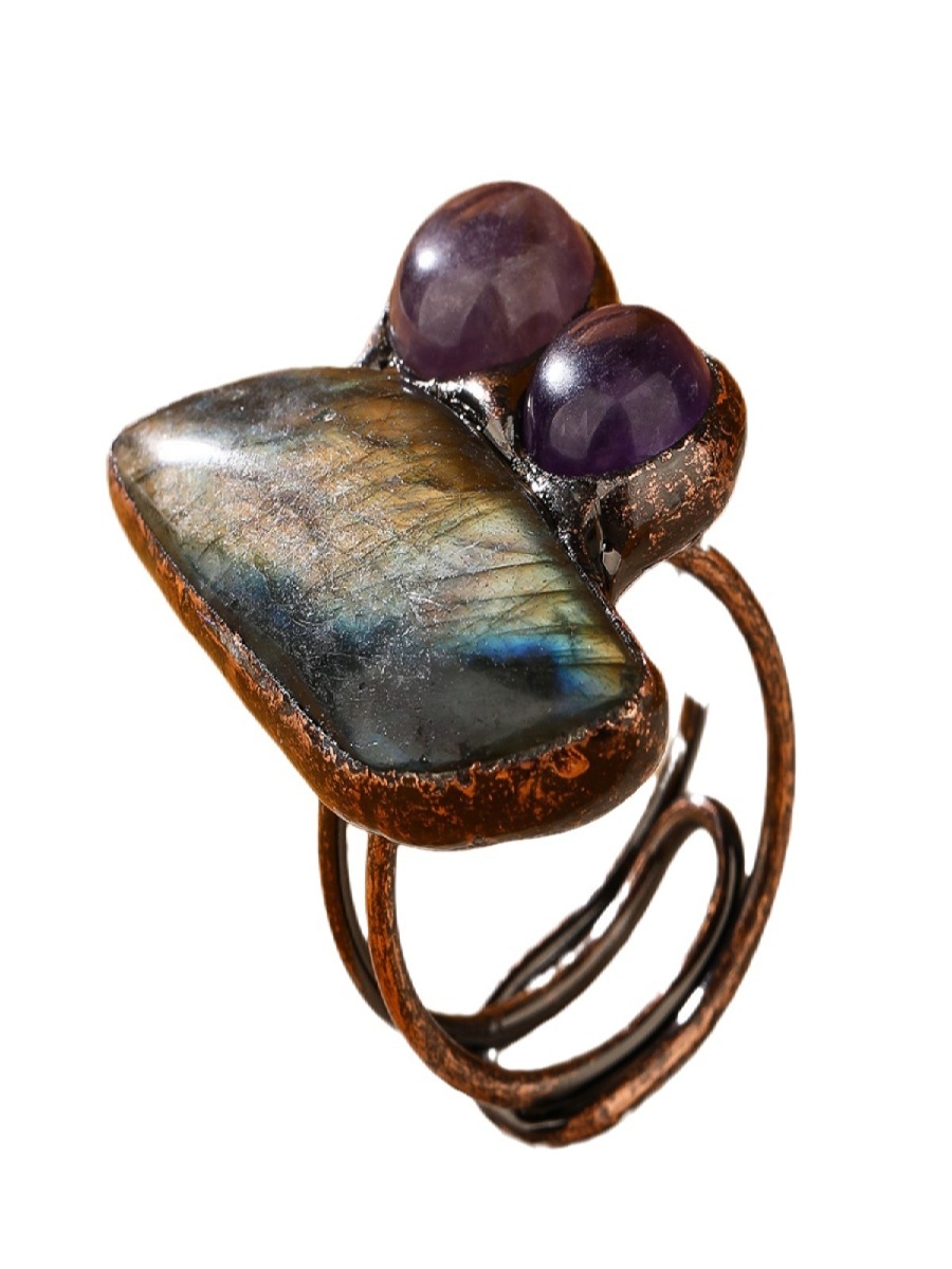 Labradorite & Amethyst Adjustable Ring | Raw Crystal Duo Open Bronze Ring
