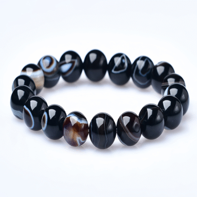 Natural Agate Dzi-Pattern Bracelet – Protection & Grounding Crystal Beads