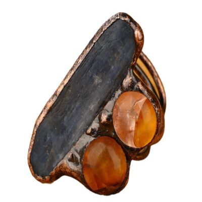 Raw Kyanite Adjustable Ring with Yellow Flower Crystal · Antique Copper Electroformed